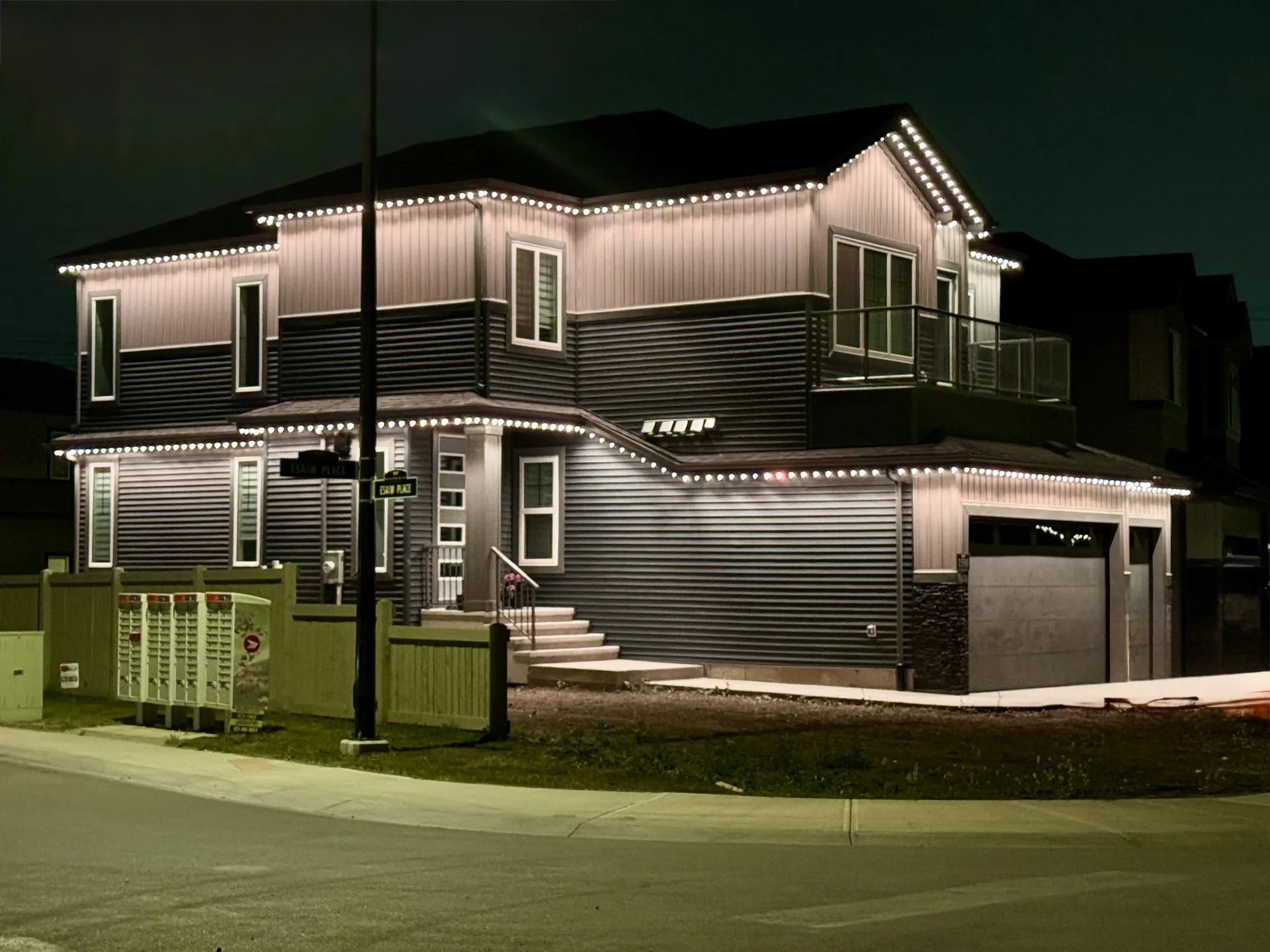 Detail shot of permanent LED track on a home in St. Albert, Alberta