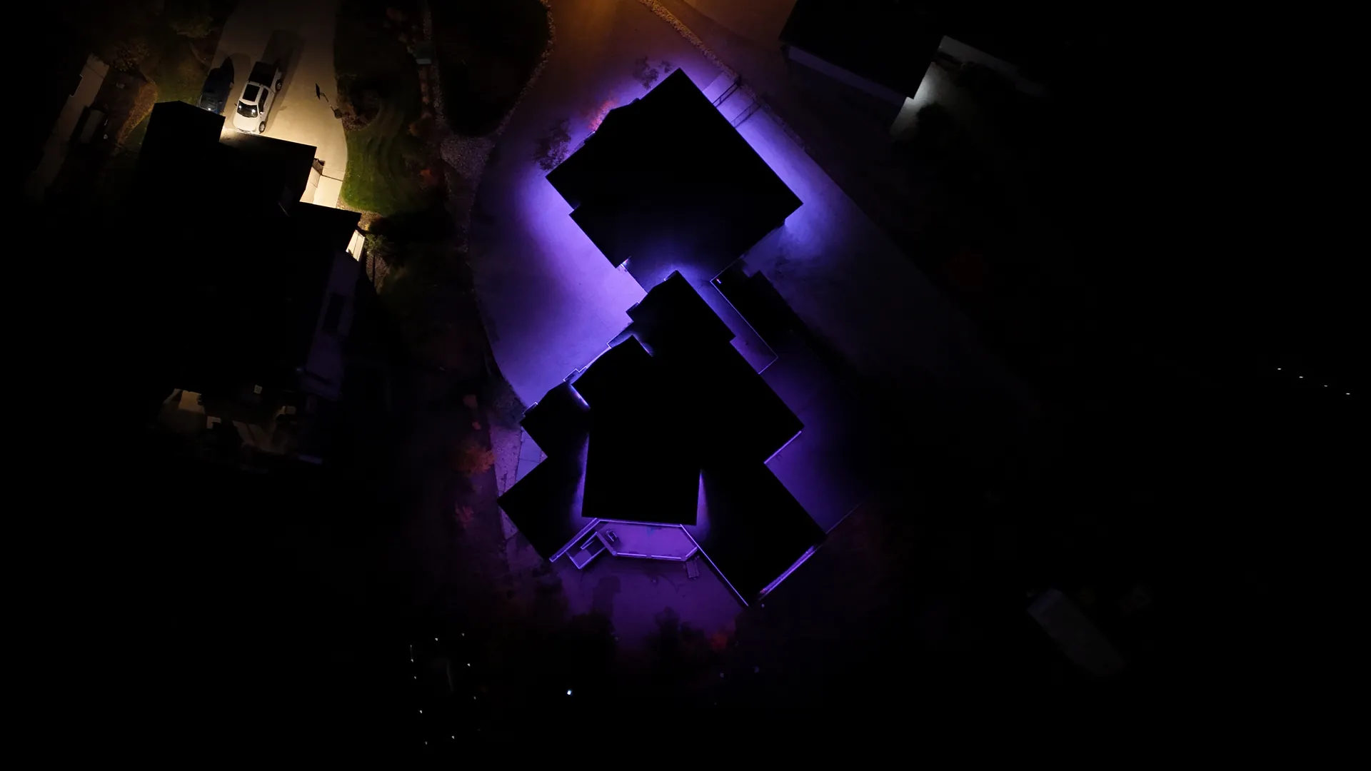 Birds eye view of LED lighting on a home in the Edmonton area