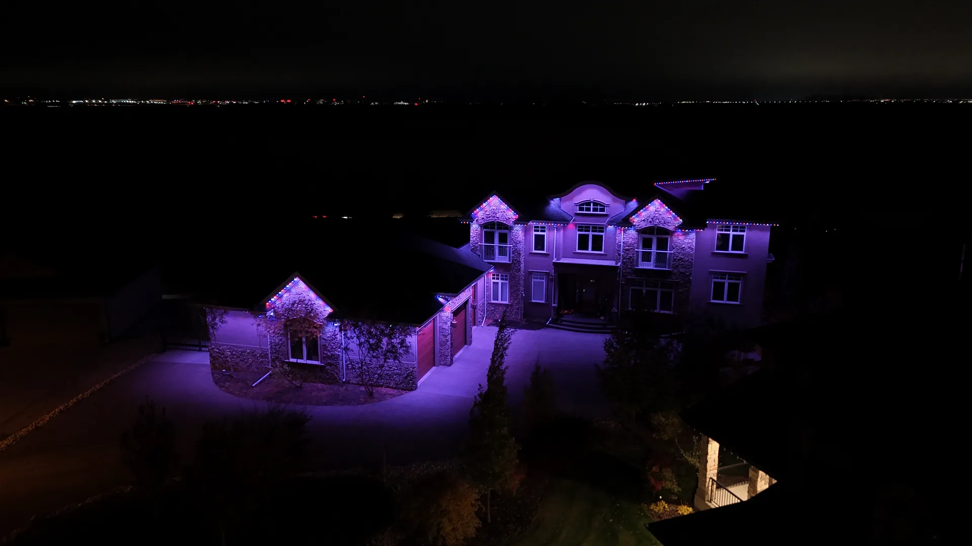 Front view of purple permanent LED lighting in Sherwood Park, Alberta